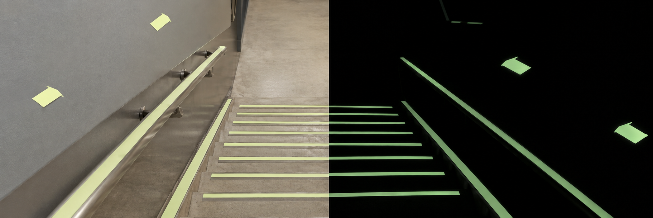 AI-colorized stairway application illustration showing photoluminescent tape markings in light and darkness. Glow appearance is illustrative and varies with charging conditions.