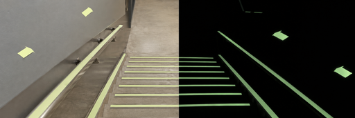 AI-colorized stairway application illustration showing photoluminescent tape markings in light and darkness. Glow appearance is illustrative and varies with charging conditions.
