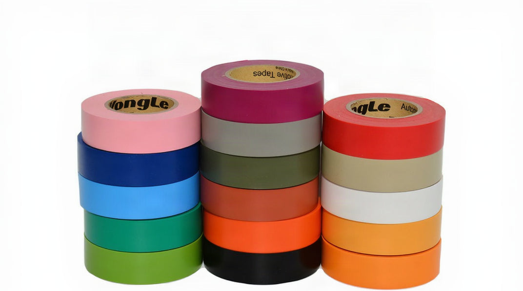 A collection of vinyl harness tapes in various solid colors, stacked vertically in three columns. Automotive and Data Center use cases. 